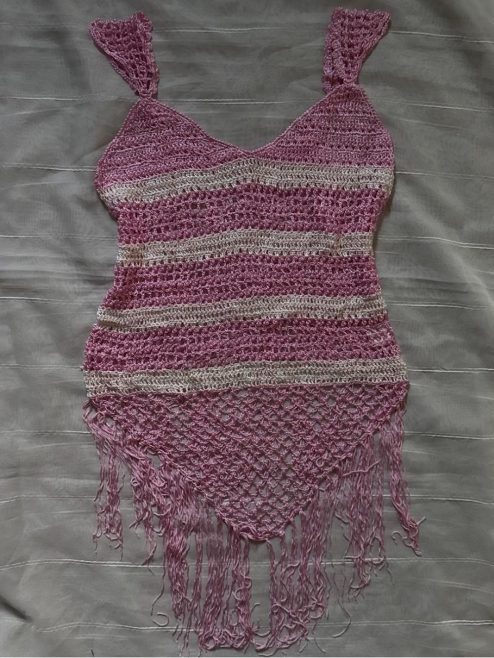 Cache Pink and White Crochet Fringe Beaded Tank